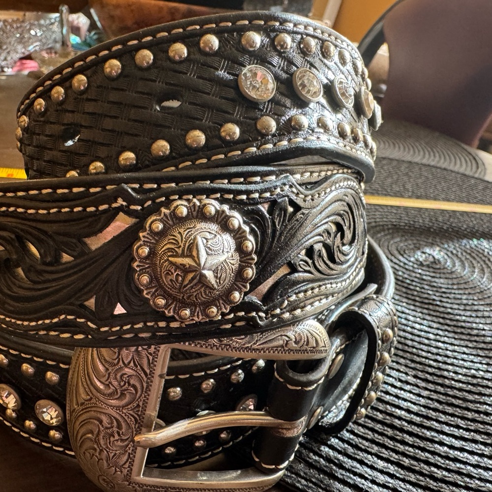 Black Embellished Real Leather Belt